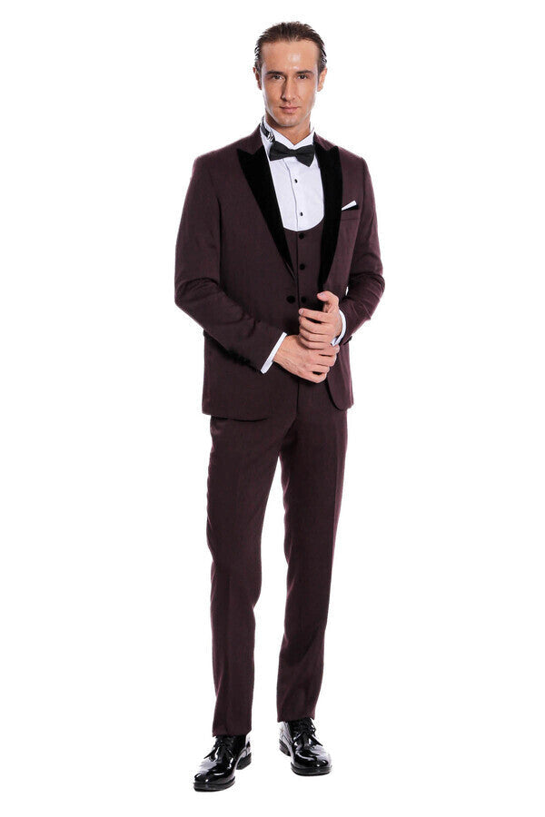 Kadife Yaka Slim Fit Bordo Erkek Damatlık - Wessi