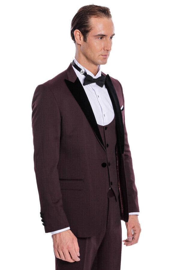 Kadife Yaka Slim Fit Bordo Erkek Damatlık - Wessi