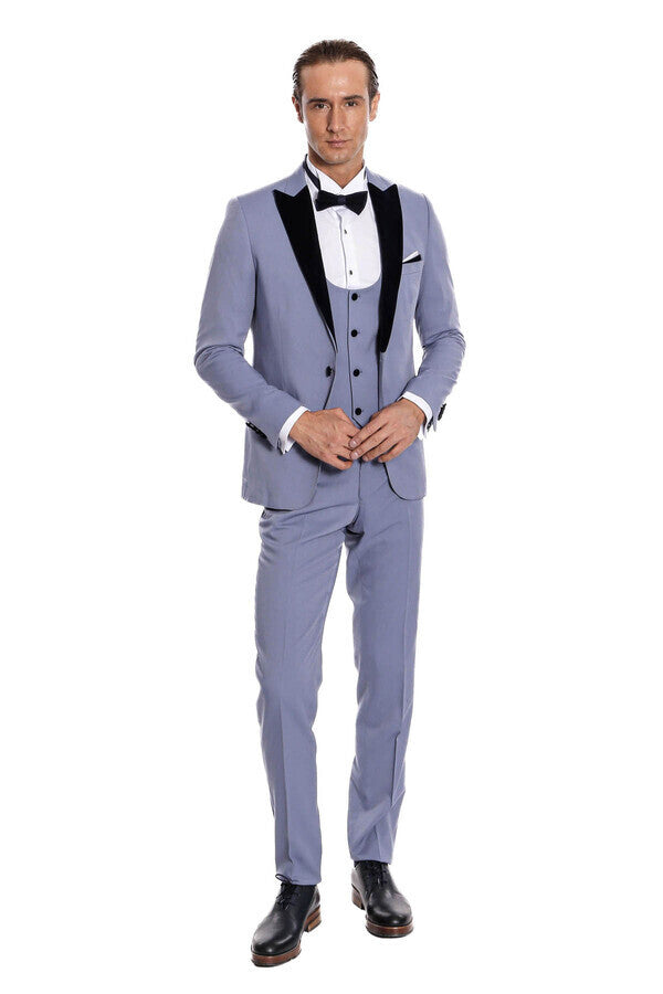 Kadife Yaka Slim Fit Açık Mavi Erkek Damatlık - Wessi