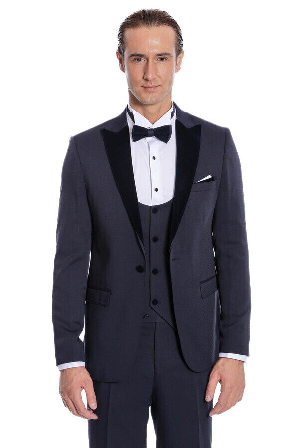 Velvet Yakalı Slim Fit Lacivert Erkek Damatlık - Wessi