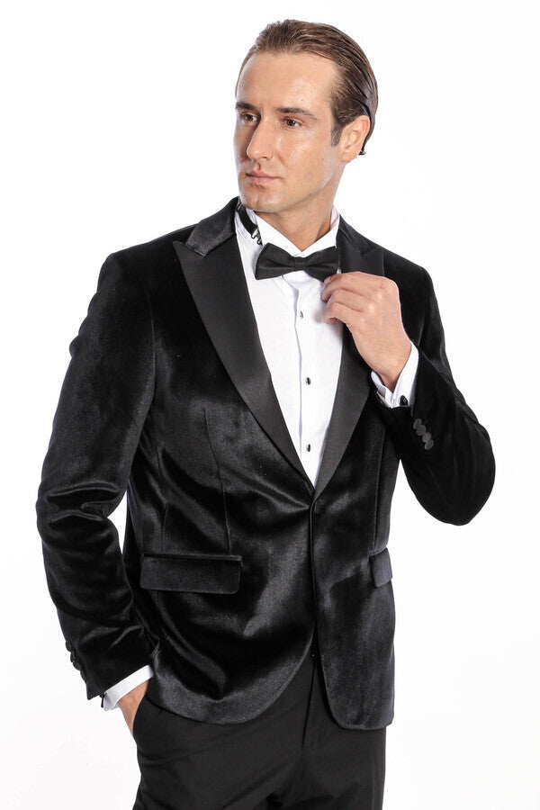 Kadife Slim Fit Siyah Erkek Smokin Ceket - Wessi