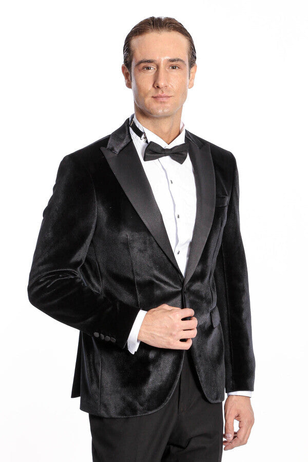 Kadife Slim Fit Siyah Erkek Smokin Ceket - Wessi