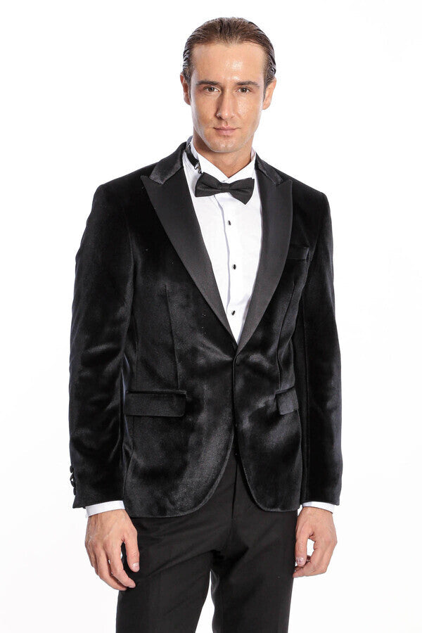 Kadife Slim Fit Siyah Erkek Smokin Ceket - Wessi