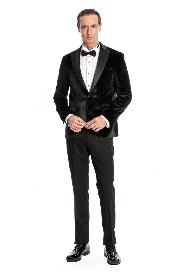 Kadife Slim Fit Siyah Erkek Smokin Ceket - Wessi