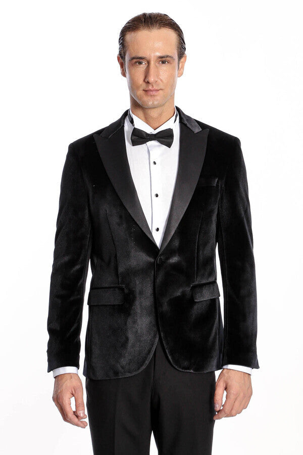 Kadife Slim Fit Siyah Erkek Smokin Ceket - Wessi