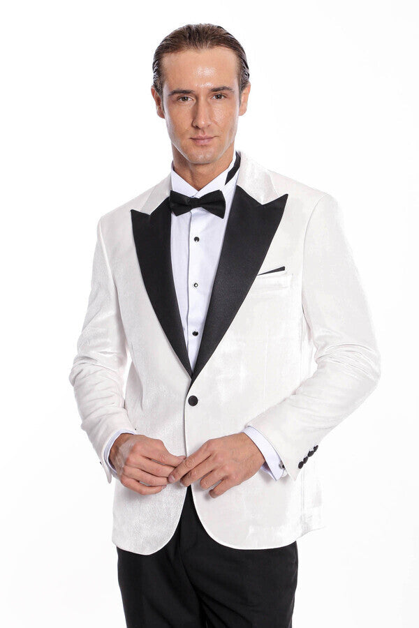 Kadife Slim Fit Beyaz Erkek Smokin Ceketi - Wessi
