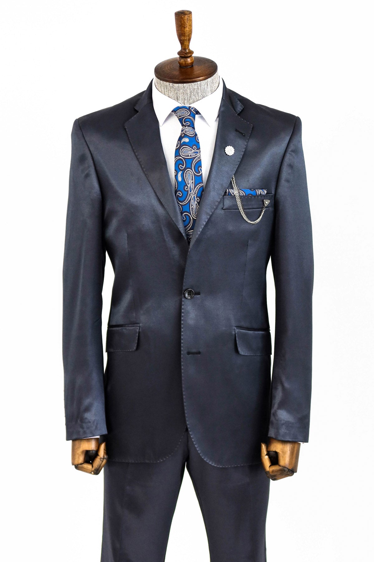 2 Düğmeli Slim Fit Saten Lacivert Erkek Damatlık Takım - Wessi