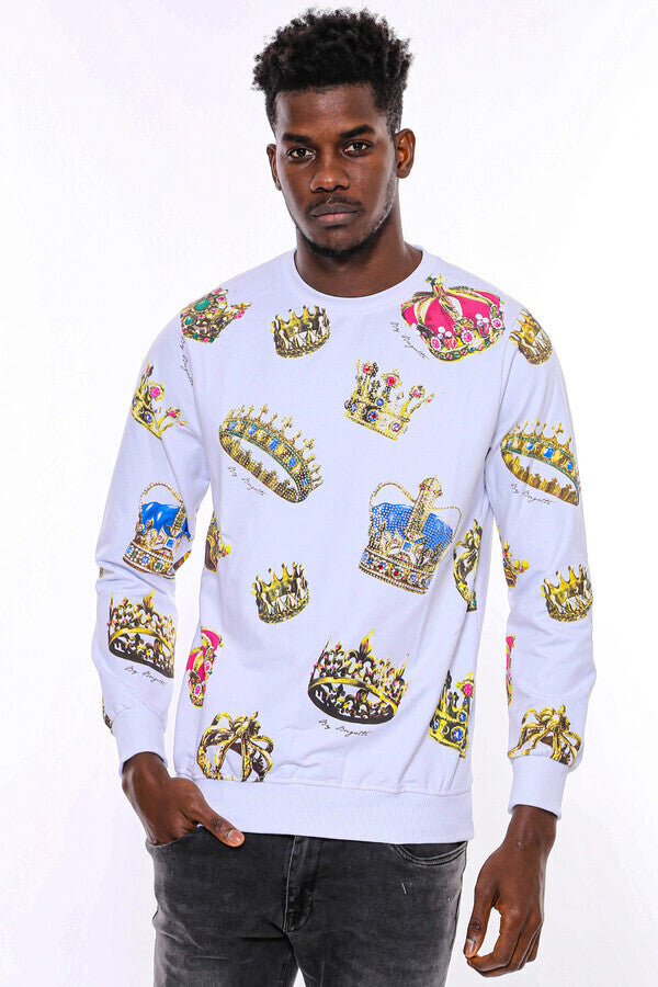 Beyaz Baskılı Taşlı Bisiklet Yaka Sweatshirt - Wessi