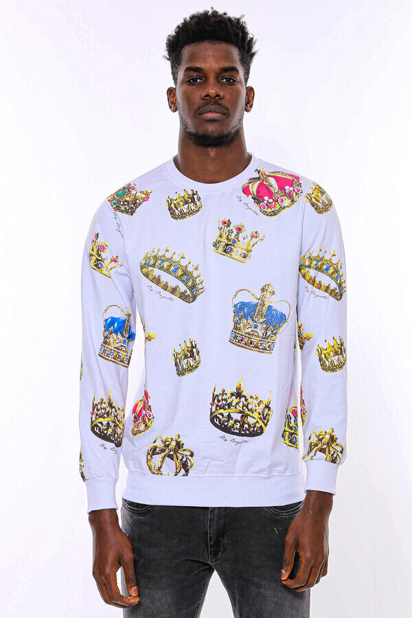 Beyaz Baskılı Taşlı Bisiklet Yaka Sweatshirt - Wessi