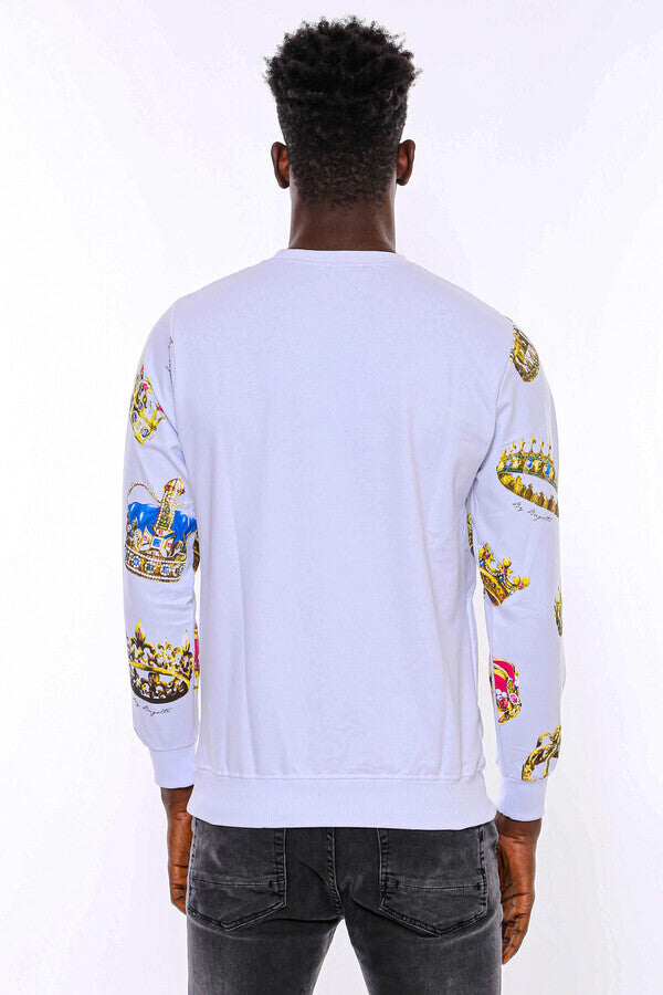 Beyaz Baskılı Taşlı Bisiklet Yaka Sweatshirt - Wessi
