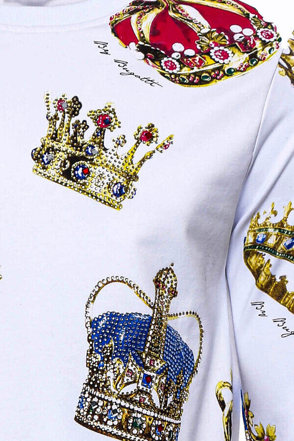 Beyaz Baskılı Taşlı Bisiklet Yaka Sweatshirt - Wessi