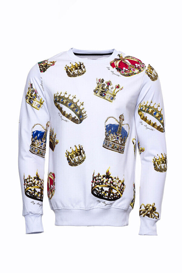 Beyaz Baskılı Taşlı Bisiklet Yaka Sweatshirt - Wessi