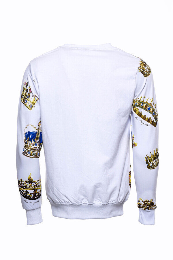 Beyaz Baskılı Taşlı Bisiklet Yaka Sweatshirt - Wessi