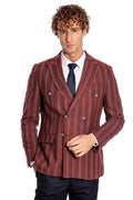 Wide Collar Striped Double-Breasted Burgundy Wool Men's Jacket - Wessi
