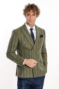 Wide Collar Striped Double-breasted Green Wool Men's Jacket - Wessi