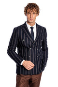 Wide Collar Striped Double-Breasted Navy Wool Men's Jacket - Wessi