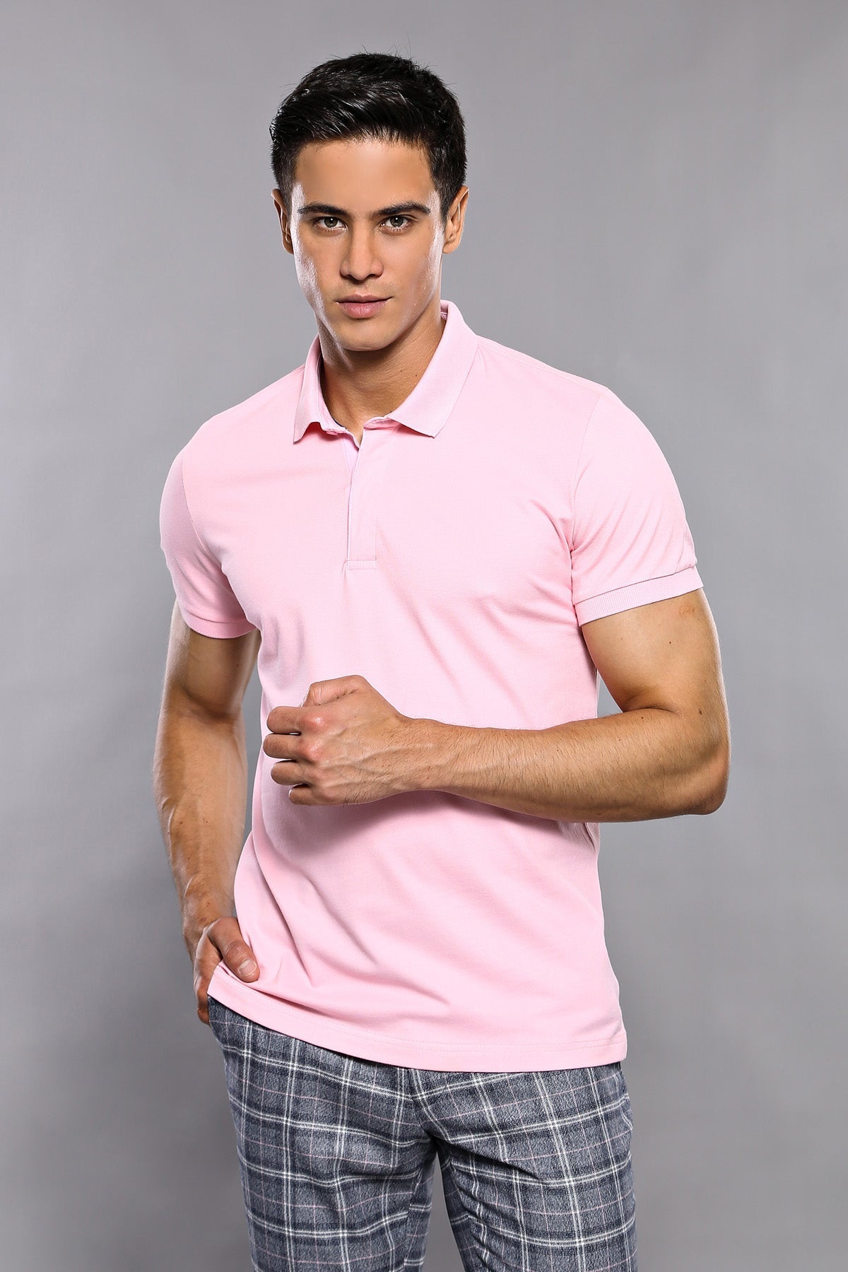 Polo Yaka Düz Pembe T-shirt - Wessi