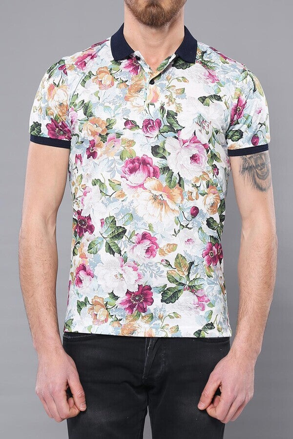 Polo Yaka Çiçek Desenli T-shirt - Wessi