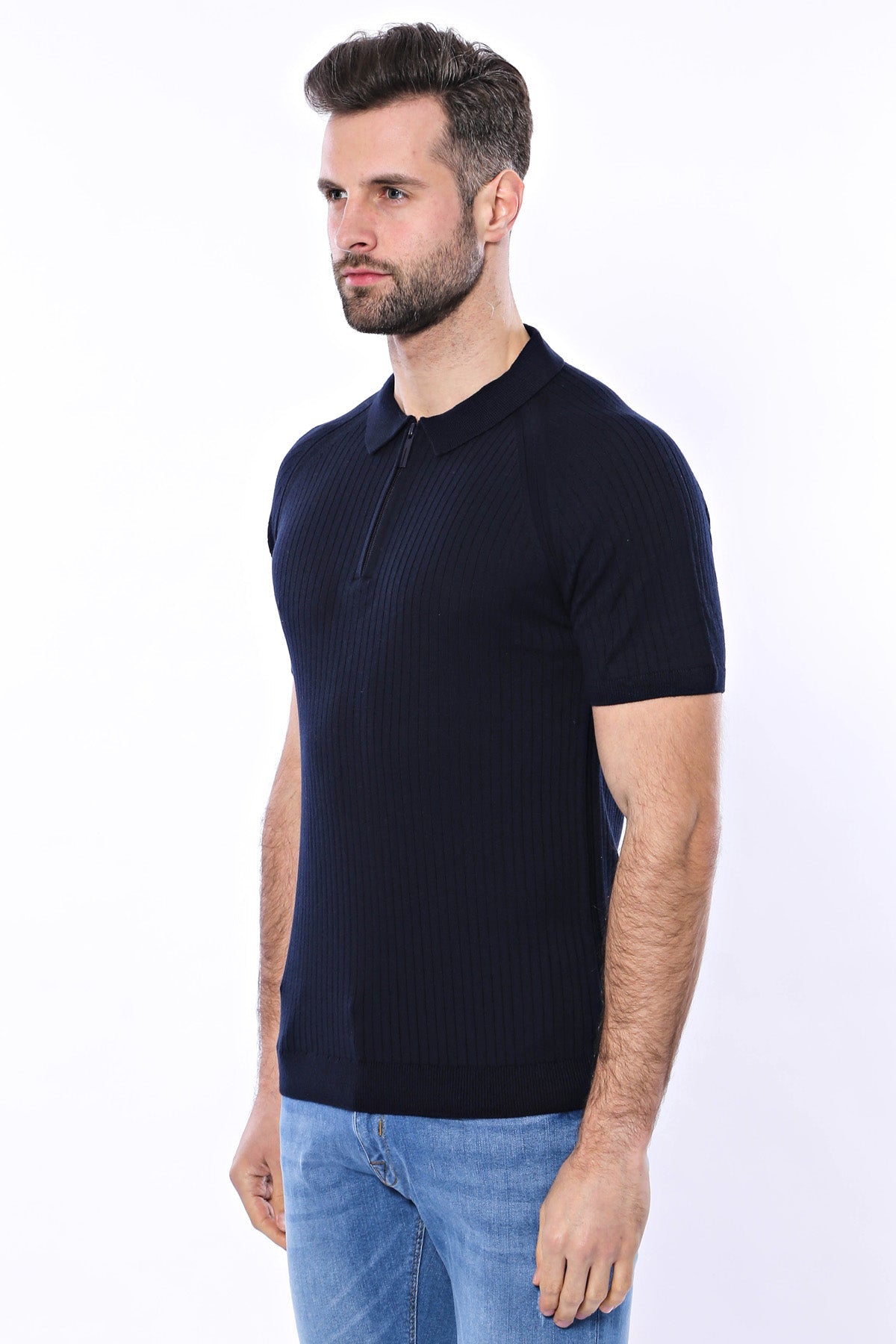 Kendinden Desenli Örme Bisiklet Yaka Lacivert Erkek T-shirt - Wessi