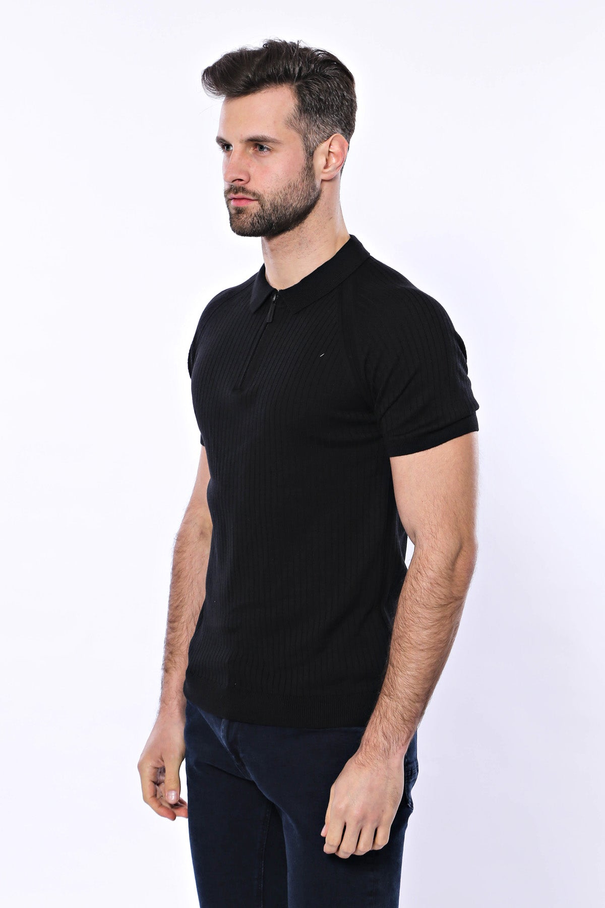 Polo Yaka Fermuarlı Siyah Örme T-shirt | Wessi
