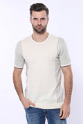 Bisiklet Yaka Kenarları Desenli Krem Örme T-shirt | Wessi