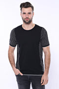 Bisiklet Yaka Kenarları Desenli Siyah Örme T-shirt | Wessi