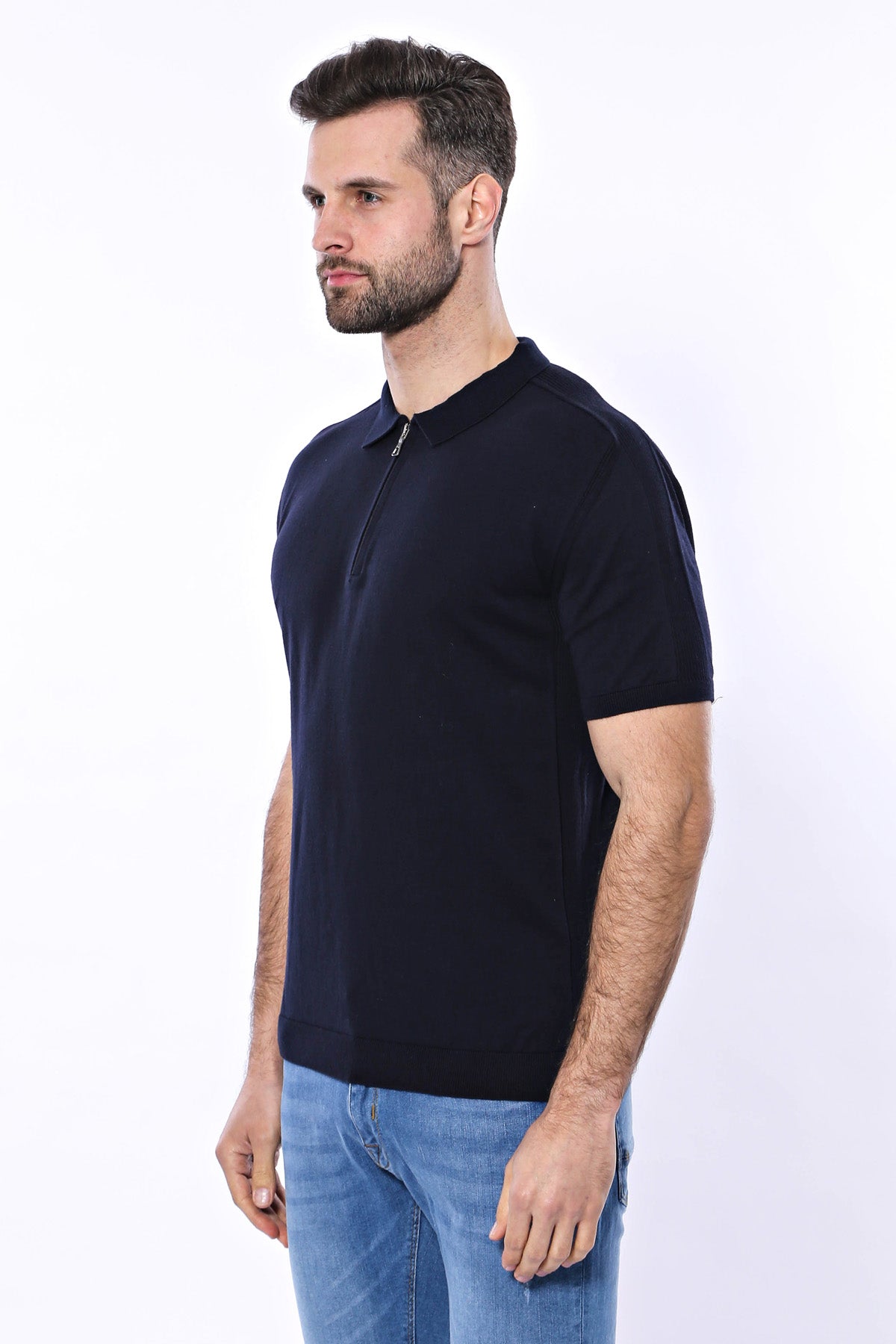 Polo Yaka Lacivert Düz Örme Erkek T-shirt - Wessi