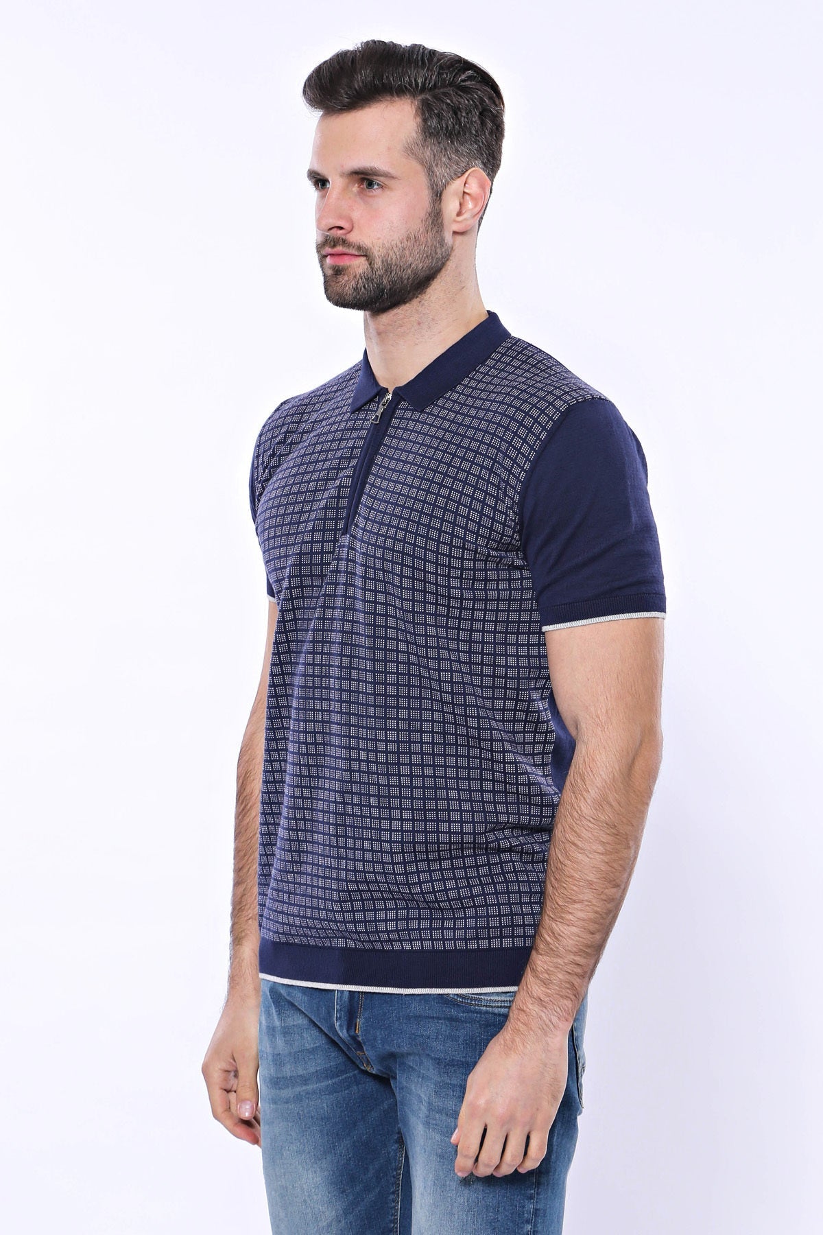 Polo Yaka Lacivert Desenli Fermuarlı Örme T-shirt | Wessi