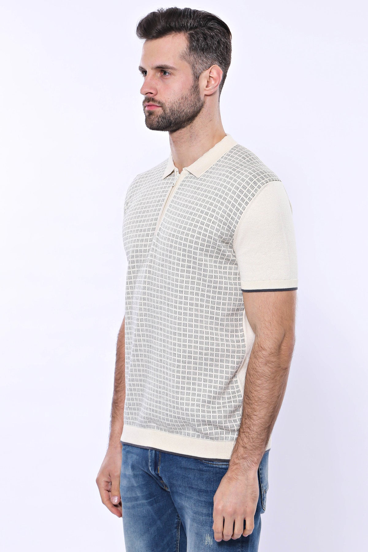 Polo Yaka Krem Desenli Fermuarlı Örme T-shirt | Wessi