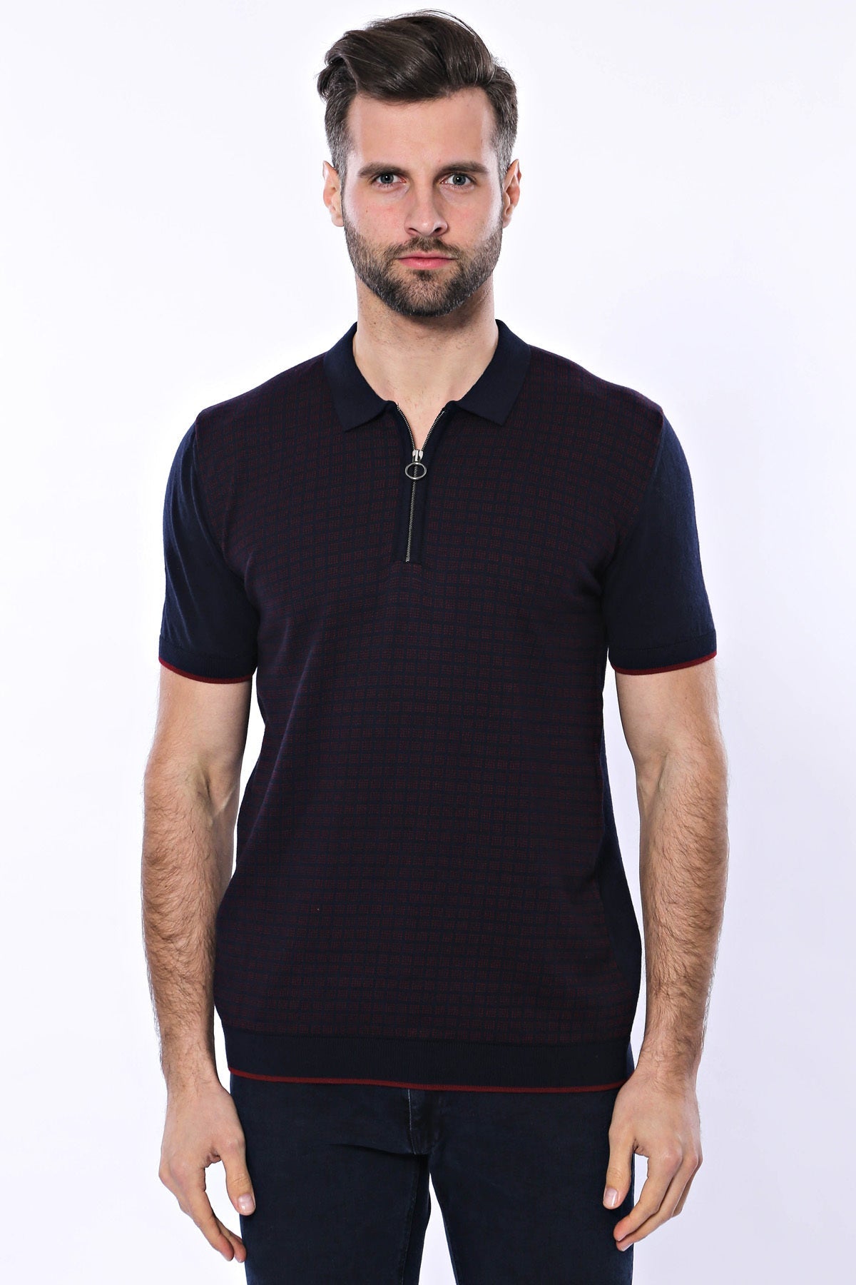 Polo Yaka Koyu Lacivert Desenli Fermuarlı Örme T-shirt - Wessi