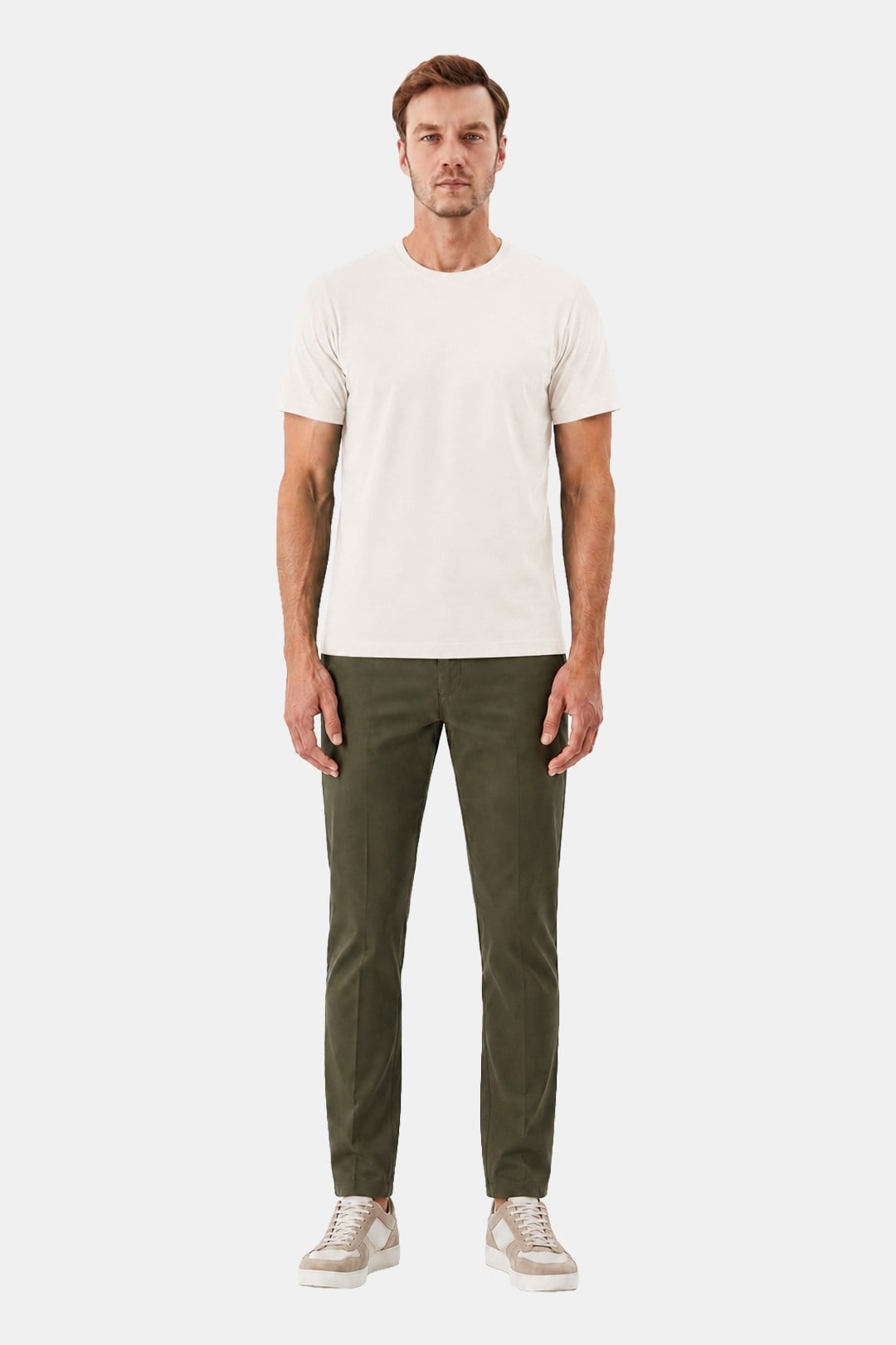 Açık Ekru %100 Pamuk Bisiklet Yaka Düz Renk Basic T-Shirt