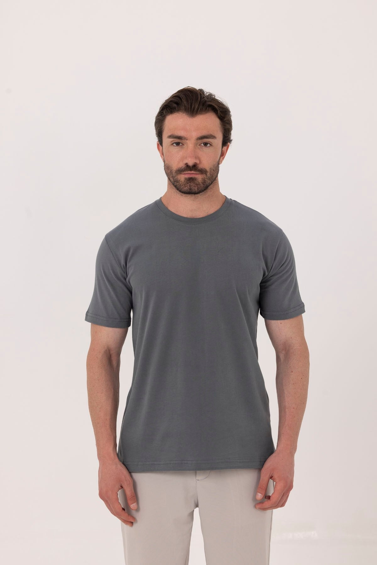 Açık Füme %100 Pamuk Bisiklet Yaka Düz Renk Basic T-Shirt