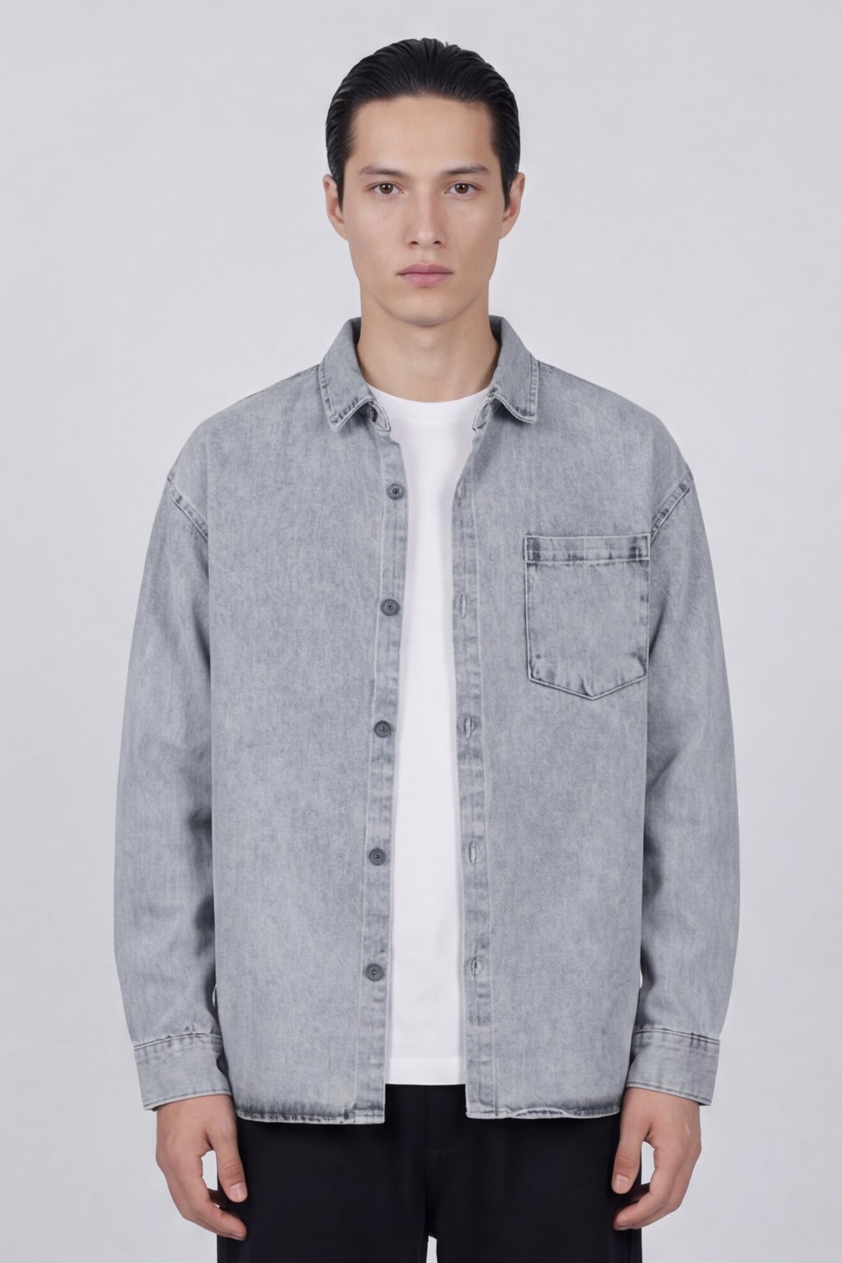 Erkek Açık Gri Normal Kesim Regular Fit Pamuk Torba Cep Uzun Kollu Denim Ceket Gömlek