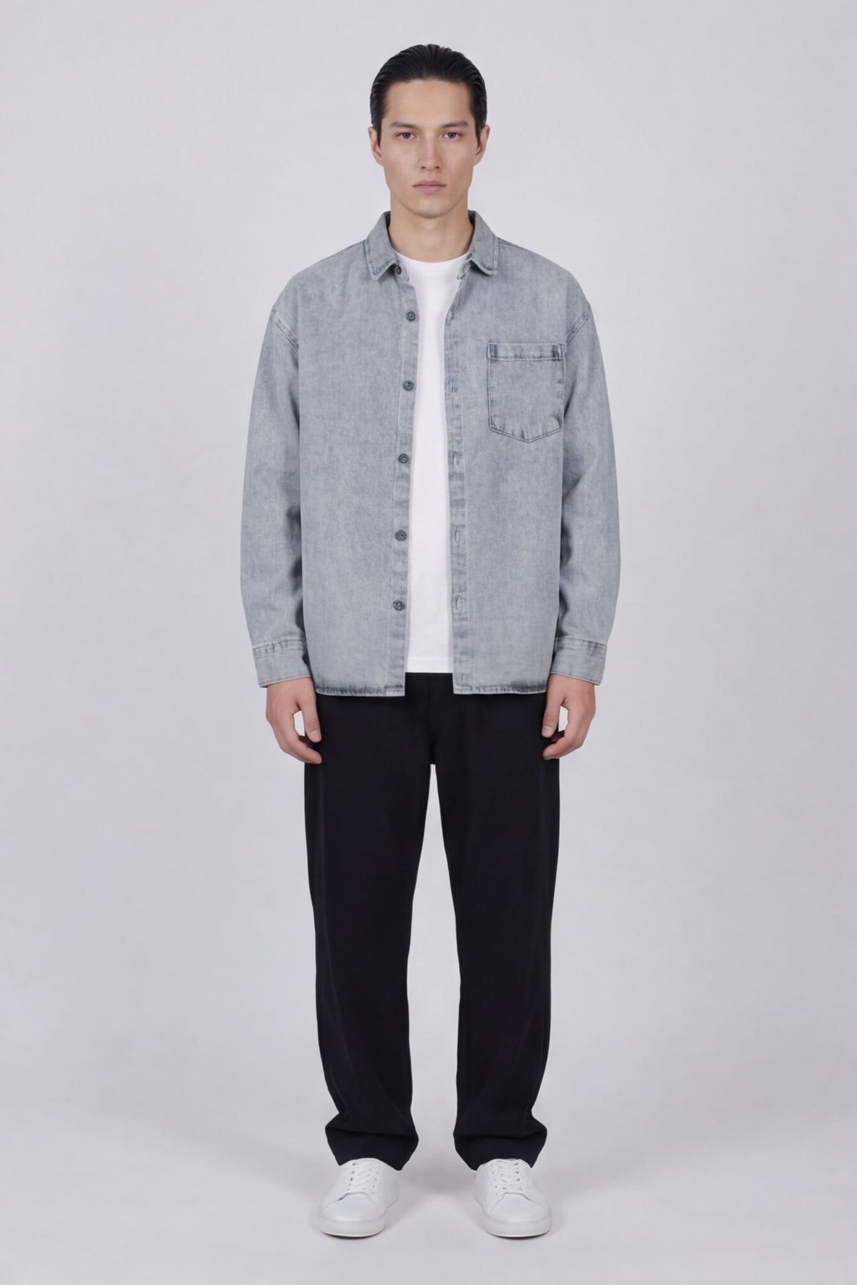 Erkek Açık Gri Normal Kesim Regular Fit Pamuk Torba Cep Uzun Kollu Denim Ceket Gömlek