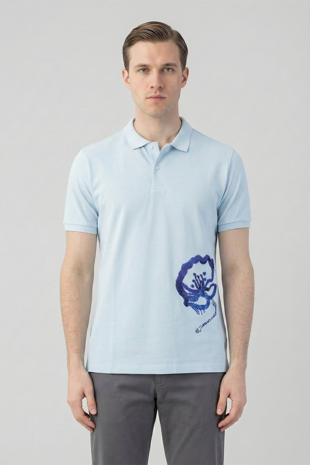Giotelli Erkek Açık Mavi Dar Kesim Slim Fit %100 Pamuk Dokuma Polo Yaka Erkek Tişört