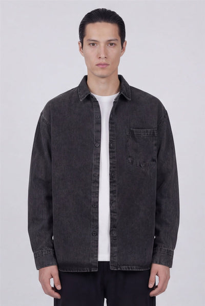 Antrasit Regular Fit Pamuk Cepli Uzun Kollu Denim Ceket Gömlek