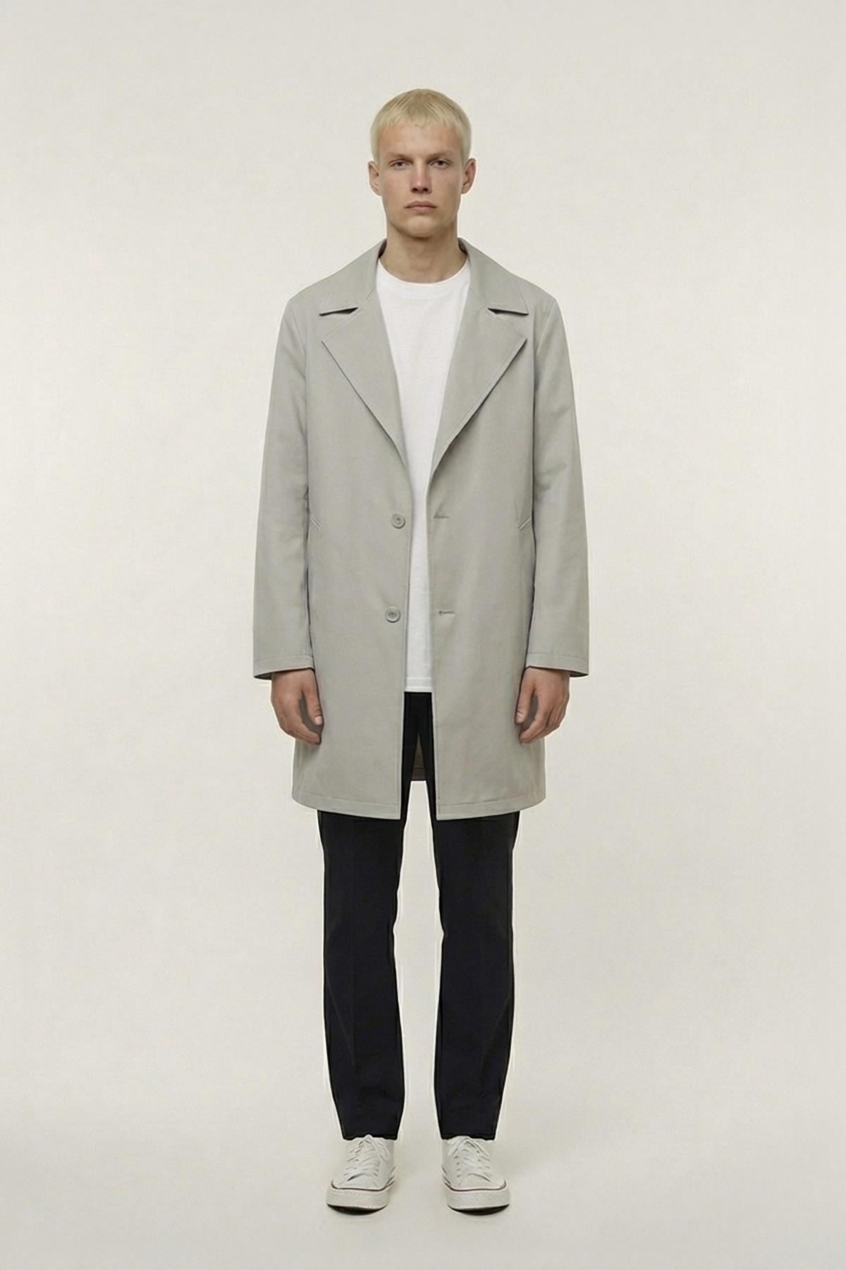 Erkek Bej Geniş Kesim Oversize Fit Pamuklu Dokuma Yan Cepli Orta Boy Ceket Yaka Trençkot