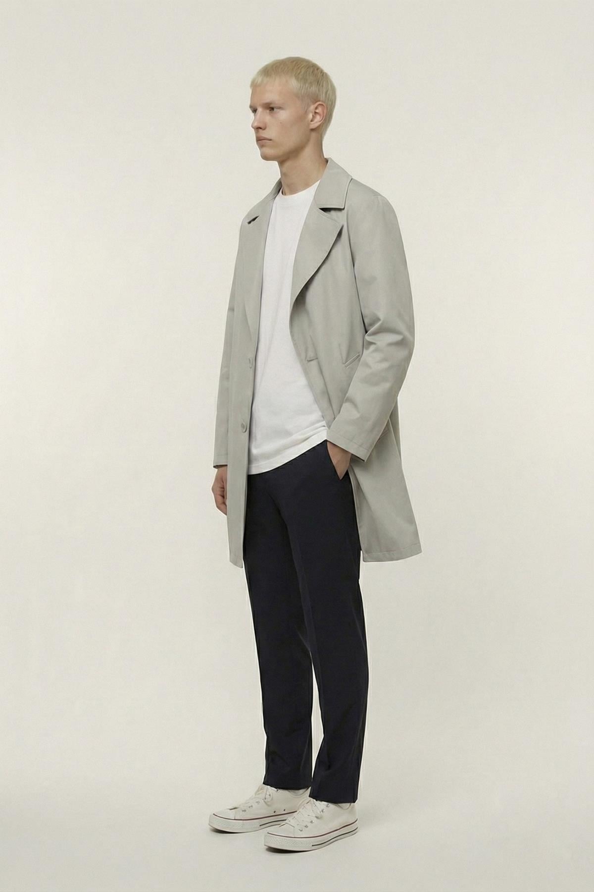 Erkek Bej Geniş Kesim Oversize Fit Pamuklu Dokuma Yan Cepli Orta Boy Ceket Yaka Trençkot