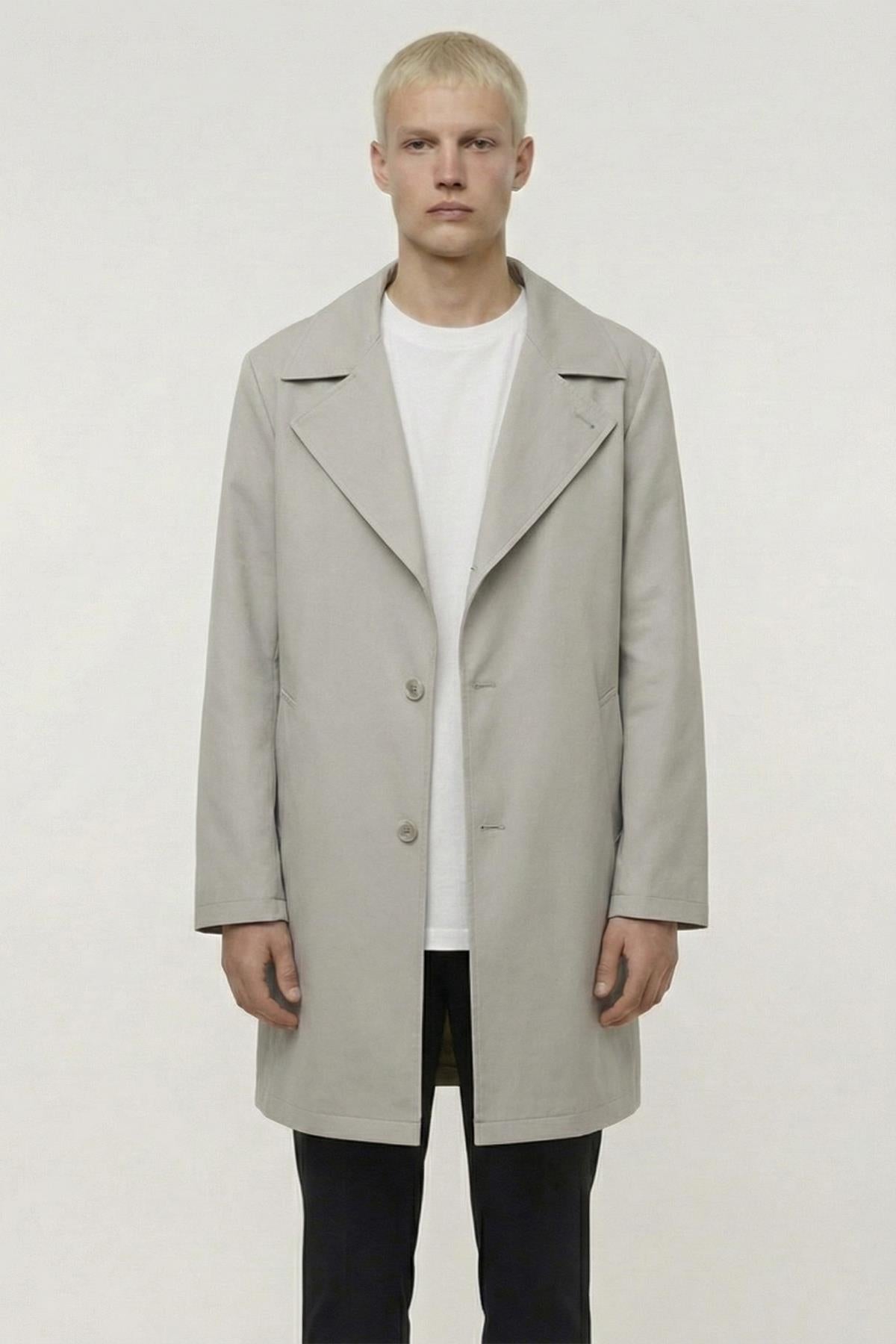 Erkek Bej Geniş Kesim Oversize Fit Pamuklu Dokuma Yan Cepli Orta Boy Ceket Yaka Trençkot