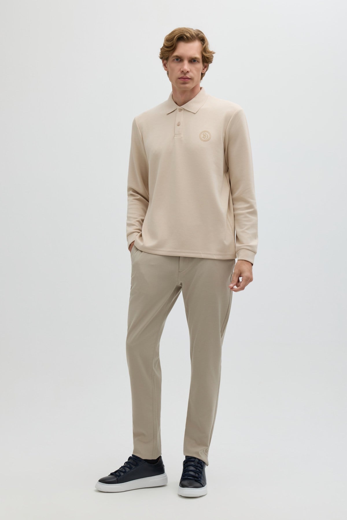 Bej Regular Fit Polo Yaka Erkek Sweatshirt