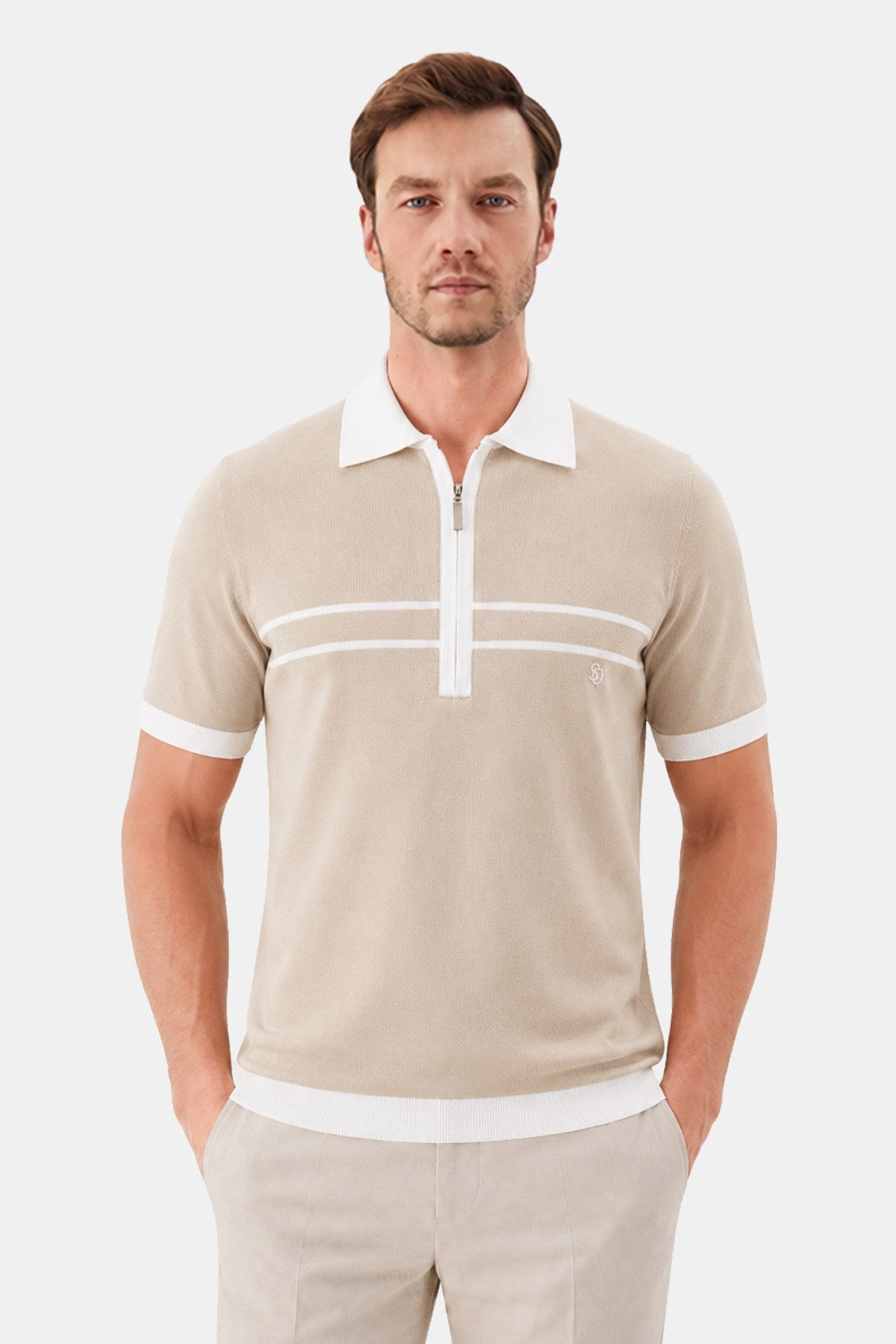 Bej Regular Fit Örme Fermuarlı Polo Yaka Triko T-Shirt