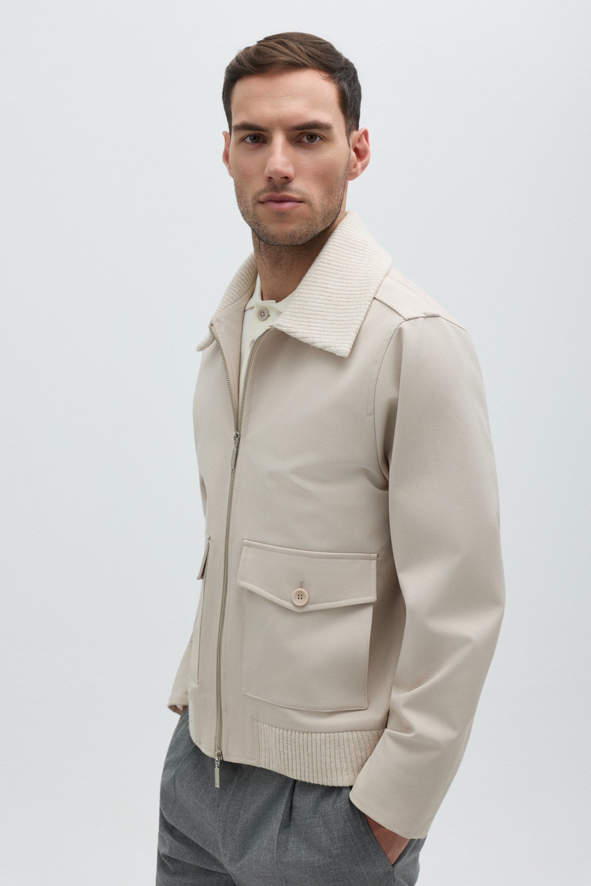 Bej Triko Yaka Bomber Mont