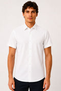 White Cotton Regular Fit Short Sleeve Classic Collar Shirt