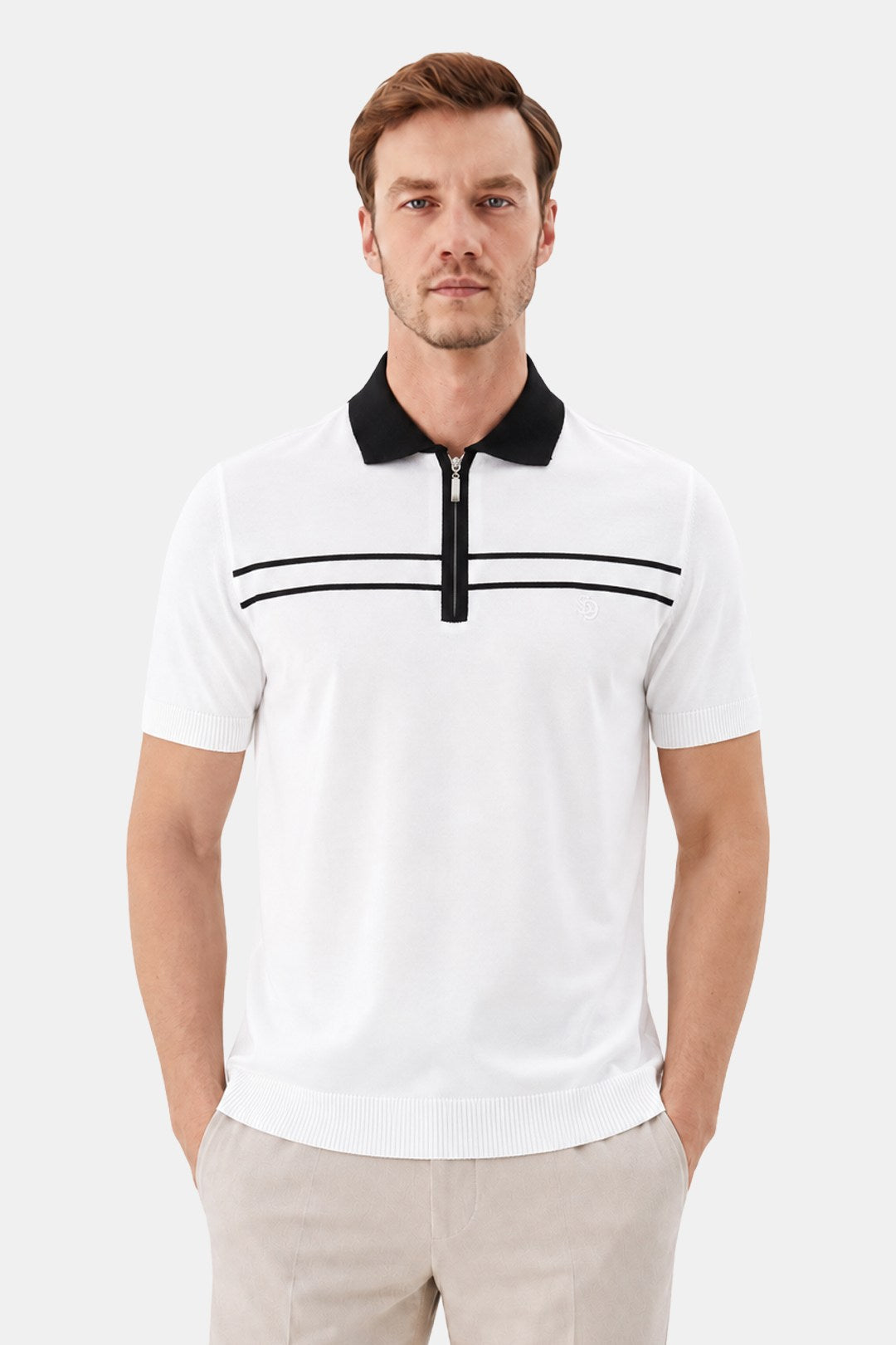 Beyaz Regular Fit Örme Fermuarlı Polo Yaka Triko T-Shirt