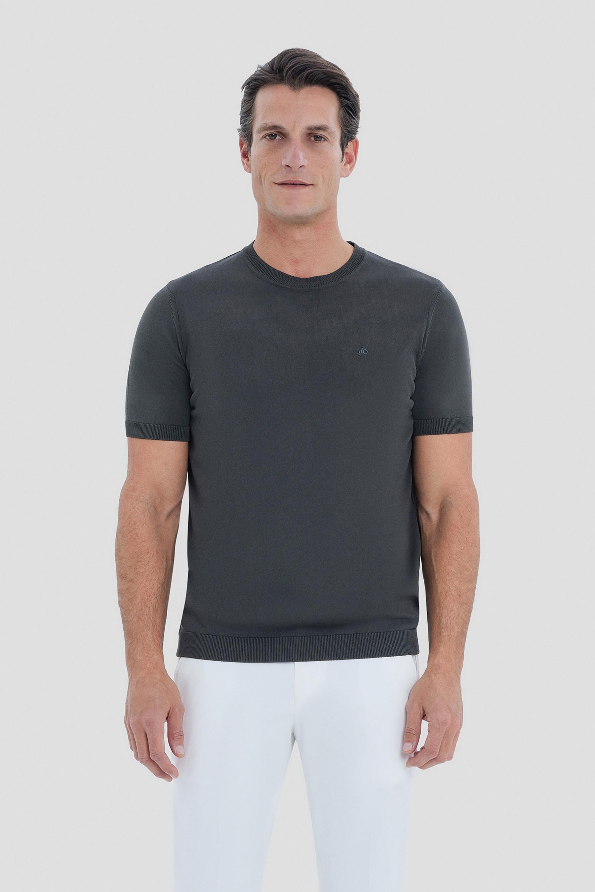 Erkek Koyu Yeşil Dar Kesim Slim Fit Viskon Triko Bisiklet Yaka Tişört