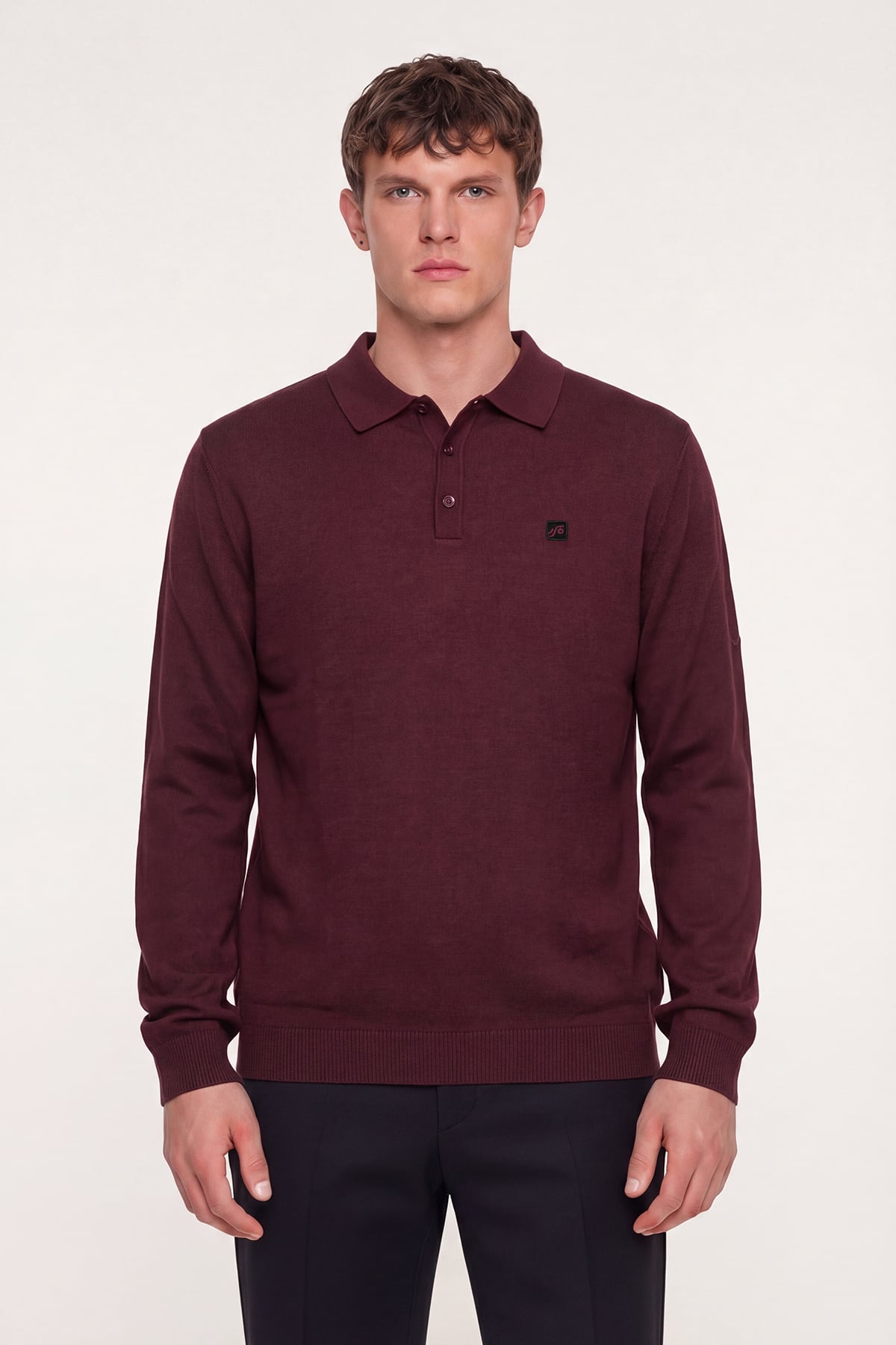 Erkek Bordo Normal Kesim Regular Fit Pamuklu Düğmeli Yaka Triko