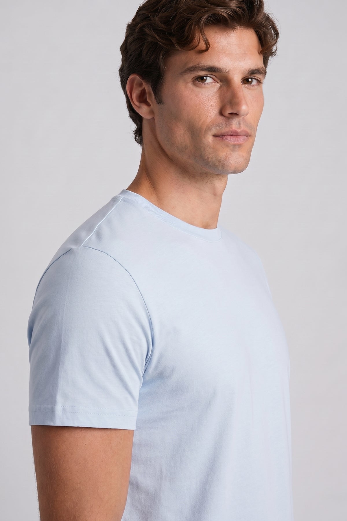 Buz Mavi %100 Pamuk Bisiklet Yaka Düz Renk Basic T-Shirt