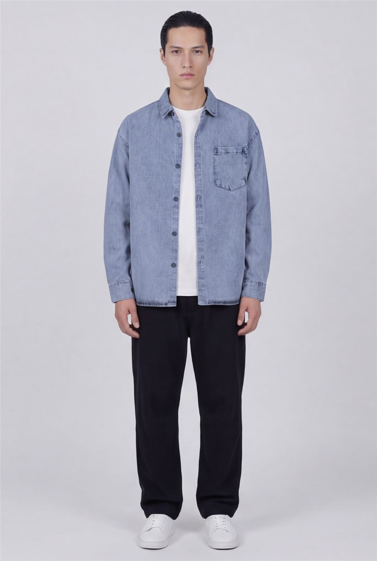 Erkek Buz Mavisi Normal Kesim Regular Fit Pamuk Torba Cep Uzun Kollu Denim Ceket Gömlek