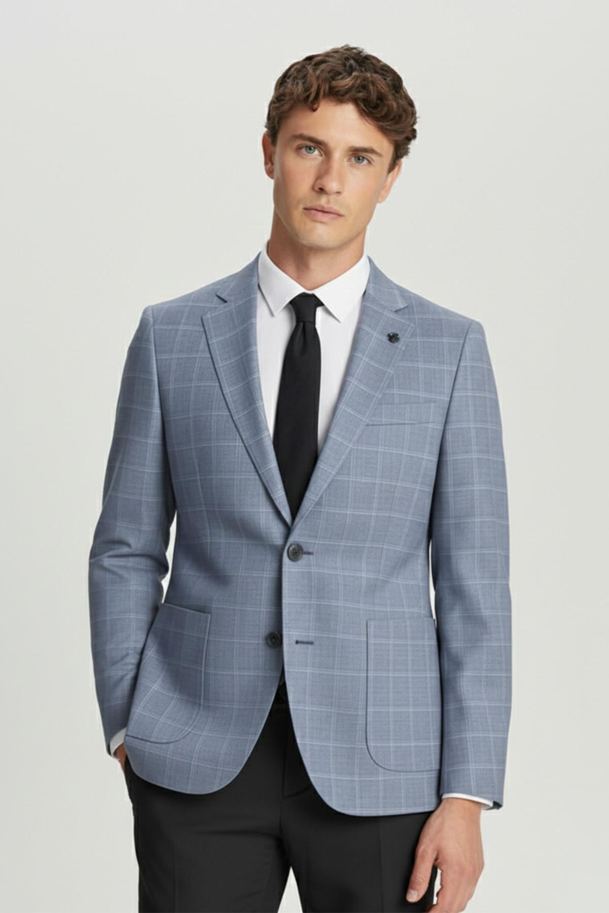 Erkek Mavi Dar Kesim Slim Fit Pamuklu Ekose Çift Yırtmaçlı Torba Cep Mono Yaka 6 Drop Ceket
