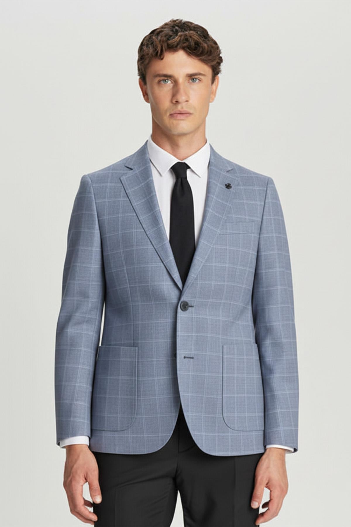 Erkek Mavi Dar Kesim Slim Fit Pamuklu Ekose Çift Yırtmaçlı Torba Cep Mono Yaka 6 Drop Ceket